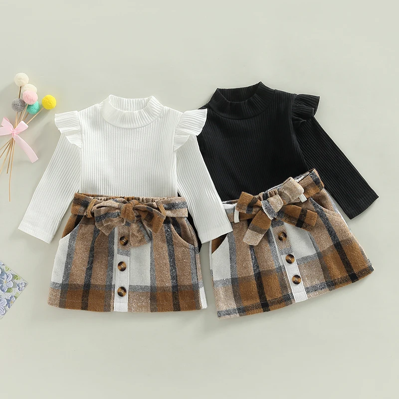 

Детский костюм для девочек, трикотажная Однотонная рубашка с длинным рукавом и высоким воротником + клетчатое полуплатье + поясной ремень