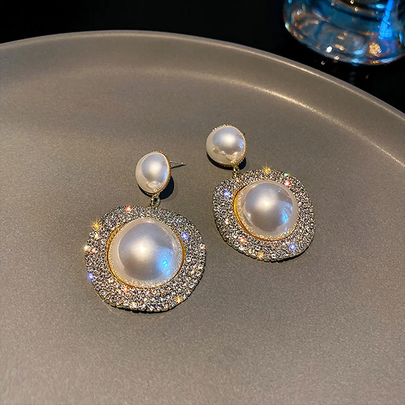Round Imitation Pearl Drop Earrings Rhinestone Pendant Jewelry Luxury Custom Dangler Women Girl Party Fashion Accessories