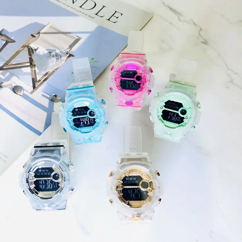 Transparent electronic watch round children's sports waterproof  electronic watch