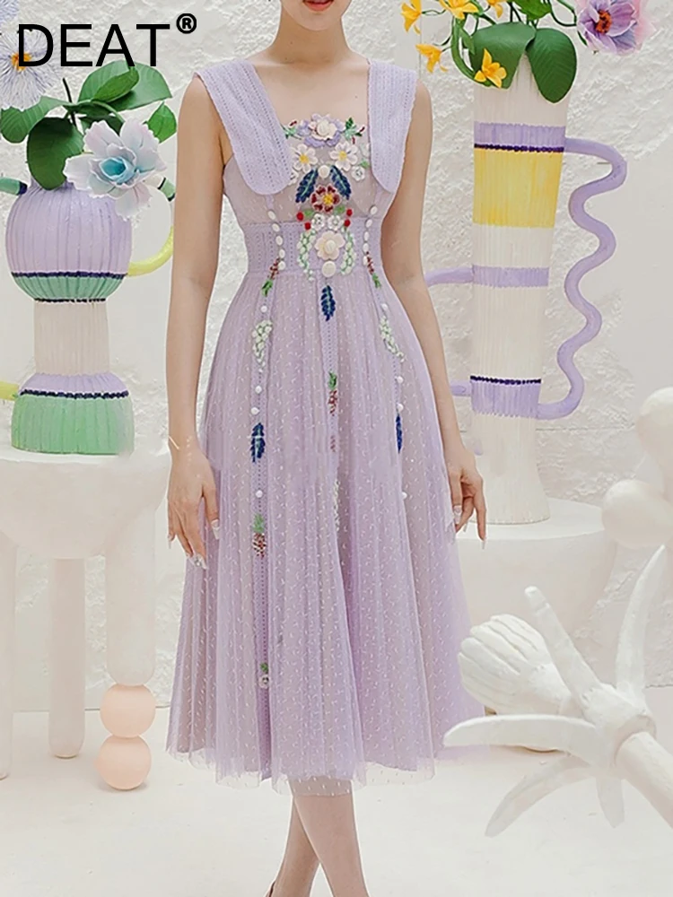 

DEAT Women's Dress Square Collar Sleeveless High Waist Spliced Pearl Backless Fashion Female Dresses Summer 2023 New 13DB2131