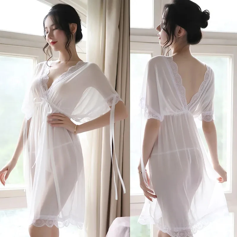 Pajamas Women'S Summer Sexy Lingerie Lace Plus Size Loose And Thin Deep V Suspenders Short Sleeves Two-Wear Homewear Nightdress
