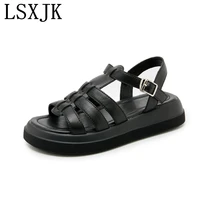 lsxjk one word buckle thick bottom cage shoes women 2022 summer new leather womens sandals all match casual woven beach shoes