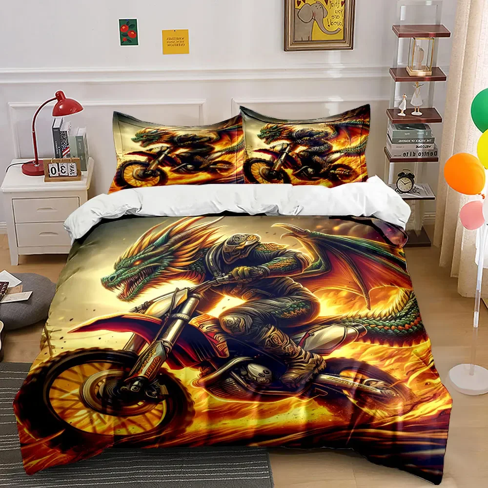 Фото Набор постельного белья с принтом «Dragon Moto Rider»: мягкий и удобный комплект, включающий 1 пододеяльник и 2 наволочки, подарок №4