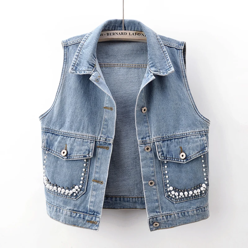 

Vintage Blue Beading Big Pocket Denim Vest Women Slim Short Cowboy Waistcoat Spring Summer Casual Sleeveless Jeans Jacket Female