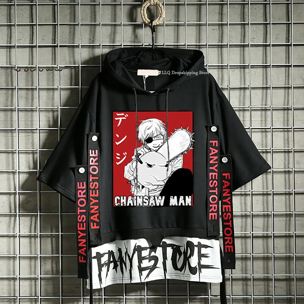 

Футболка Denji с изображением аниме бензопилы, мужские футболки с коротким рукавом, ленты с буквенным принтом, футболка Power Two false Piece Makima, уличн...