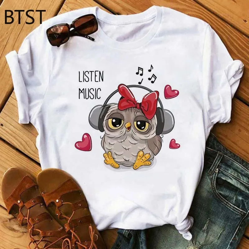 

Fashion Kawaii Owl Graphic Printed Women T Shirt Casual Harajuku Summer Short Sleeves Ladies Girls Tshirt Loose Plus Size Tops T