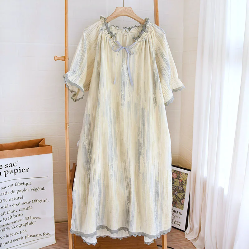 

Summer Crepe Cotton Nightwear Women's Simple Loose Pregnant Round Neck Short Sleeve Homewear Nightgown Lace Night Gown for Women