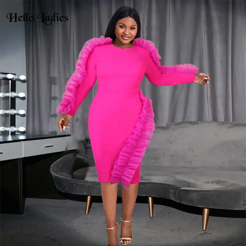 HL Plus Size Pink Party Dress for Women Elegant Evening Mesh Panel Dress Bodycon Dresses Ladies Christmas Party Birthday Costume