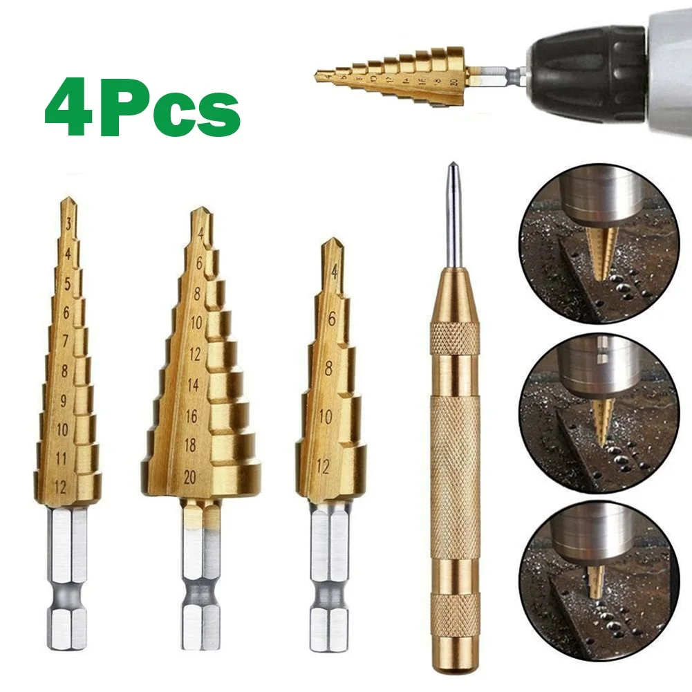 

4Pcs/Set HSS Step Drill Bit Titanium Coated Wood Metal Hole Cutter Cone Drill Bits With 130mm Center Punch Drilling Power Tools