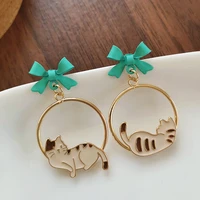 korean bowknot circle lazy cat asymmetrical drop earrings for women girls summer sweet jewelry flower planet astronaut earrings