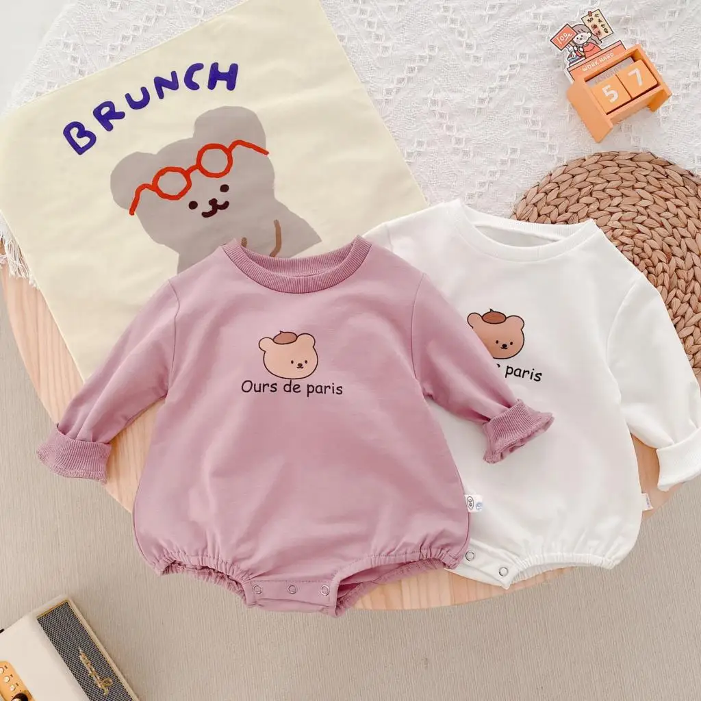 

2022 весеннее Новое боди для маленьких девочек и мальчиков, хлопковый комбинезон с круглым воротником и длинными рукавами с мультяшным медведем, повседневная одежда для новорожденных