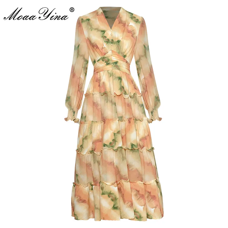 

MoaaYina Fashion Designer Summer Dress Women's Elegant V-neck Ruffles Lantern Sleeve Printed Bohemian Vacation Midi Dress