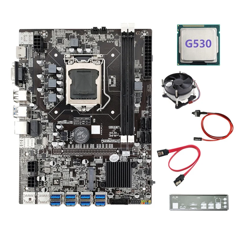 

B75 8USB ETH Mining Motherboard+G530 CPU+Fan+Switch Cable+SATA Cable+Baffle LGA1155 DDR3 B75 BTC Miner Motherboard