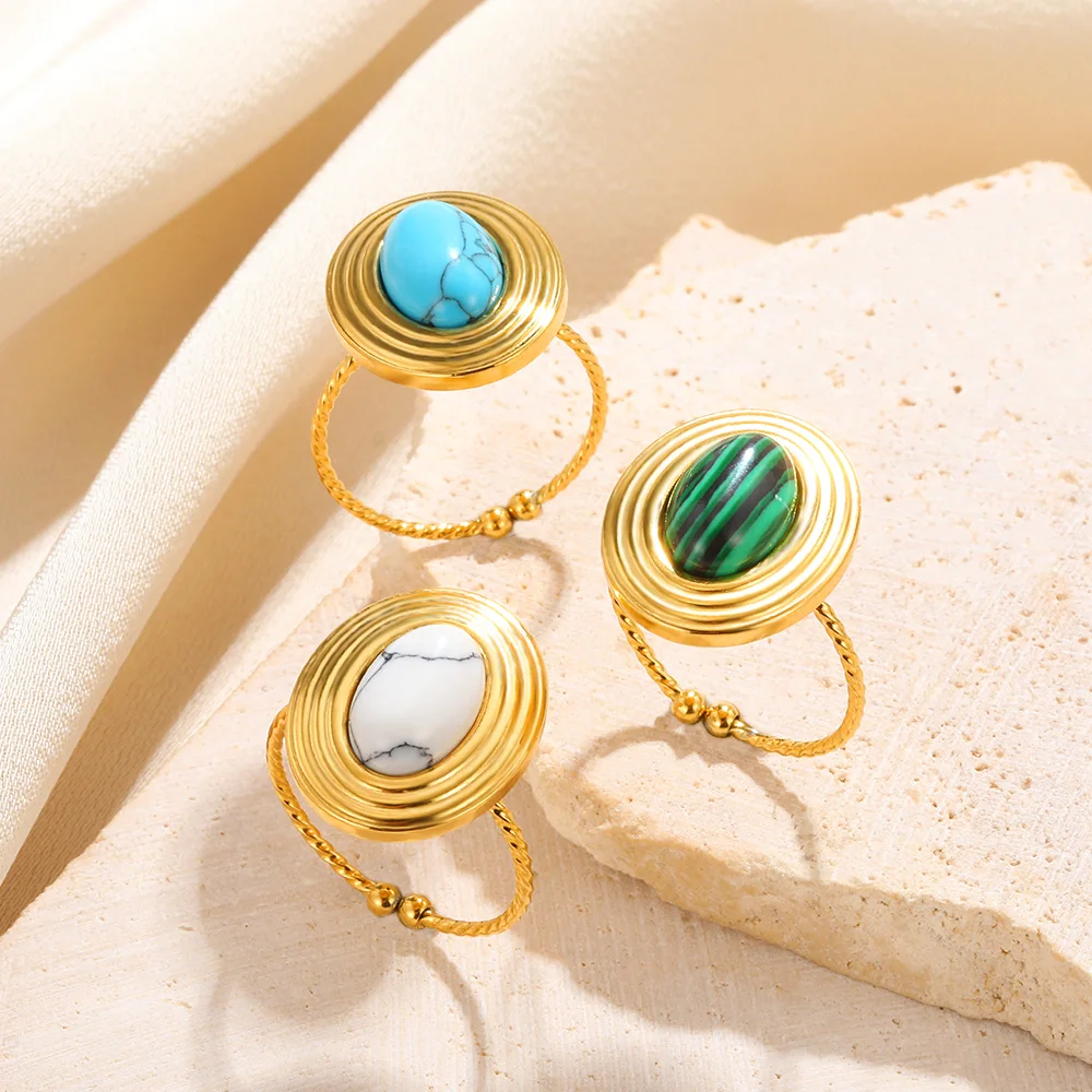 

Turquoise Gold Color Rings For Women Vintage Opal Anillos Twists Stainless Steel Ring Opening Adjustable Handmade Jewelry 2023