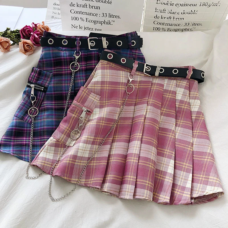 

Женская клетчатая мини-юбка с высокой талией, трапециевидная винтажная теннисная юбка в стиле Харадзюку с карманами и цепочкой, уличная одежда, новинка 2023