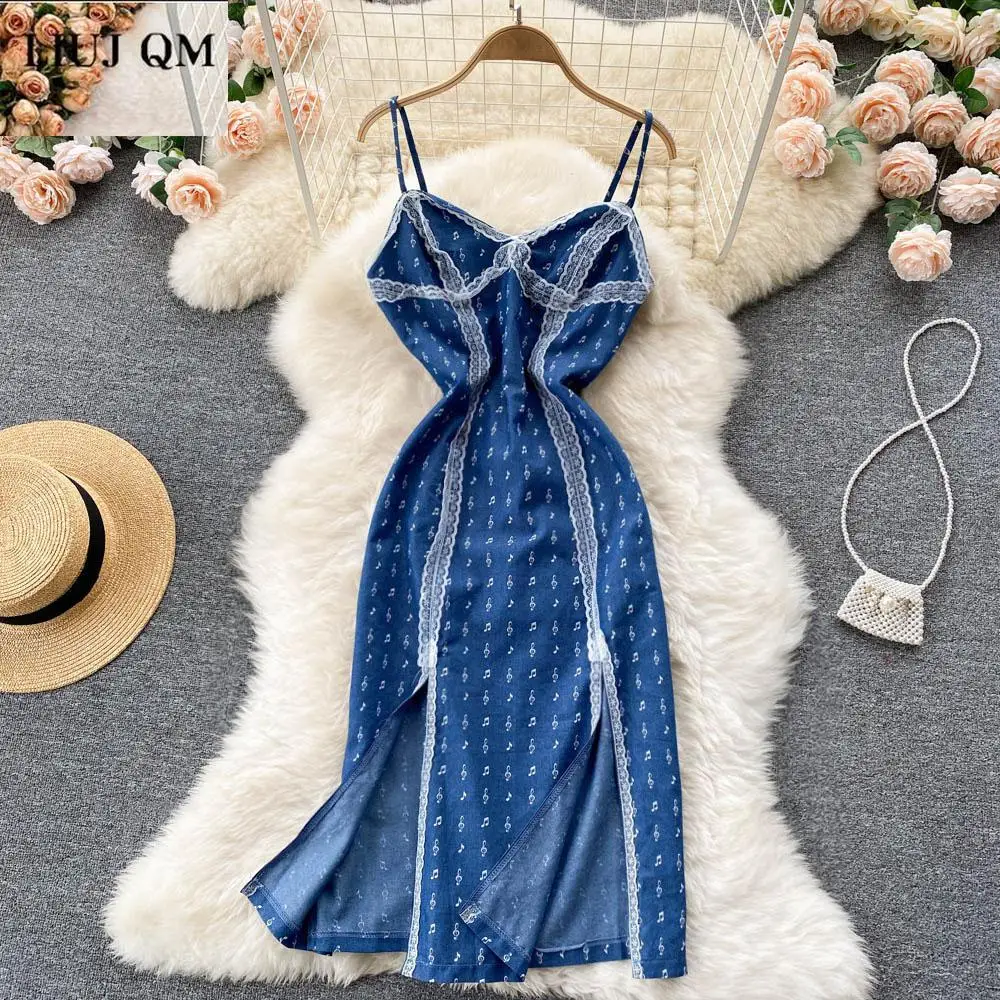 

Женское джинсовое платье на бретелях-спагетти, привлекательное длинное платье без рукавов с V-образным вырезом и открытой спиной, кружевное...