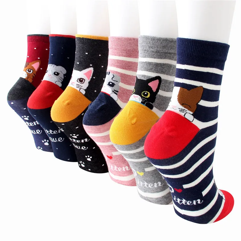 Autumn Winter Women's Cotton Cartoon Socks 5Pairs/Set Colorful Cute Cat Striped Female Ladies Kawaii Animal Tube Socks