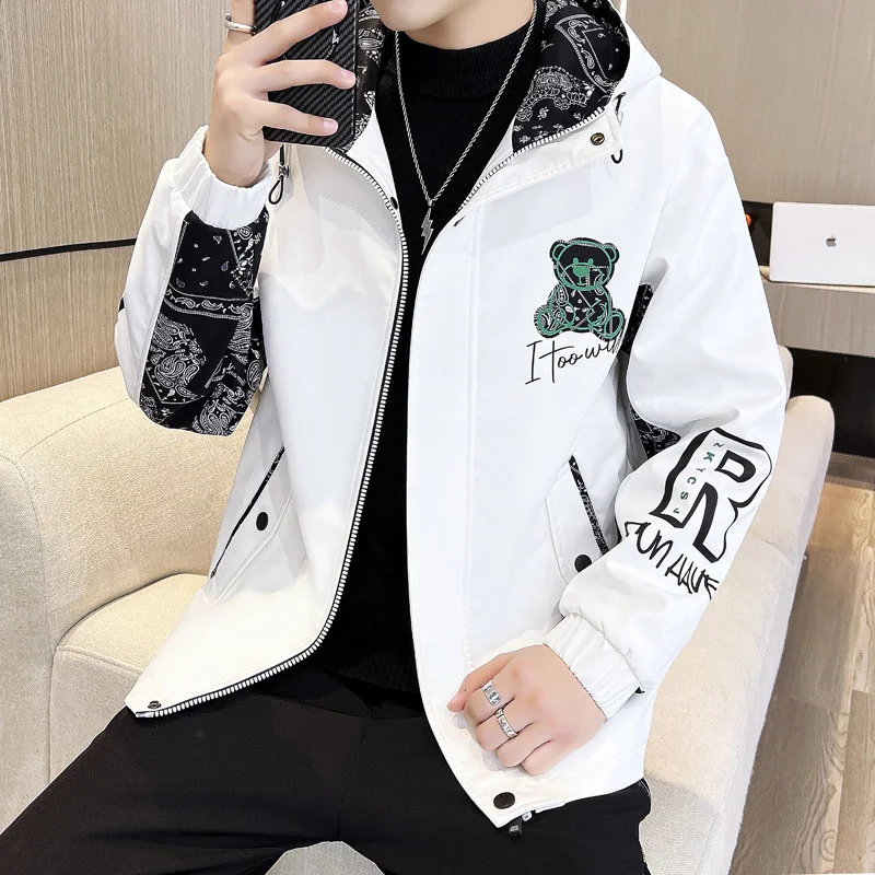 Куртка мужская с капюшоном модная повседневная короткая ветровка свободного