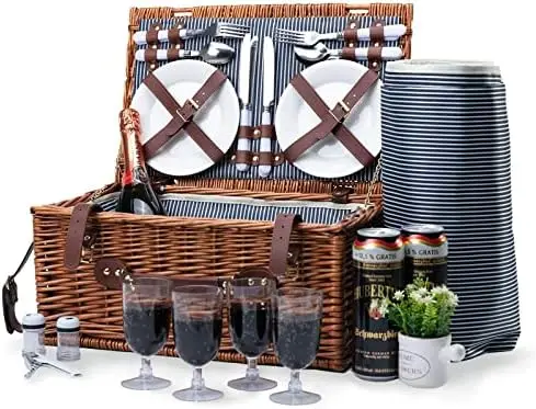 

Baskets for 4 Persons Retro Classic Willow Hamper Set with Waterproof Blanket for Camping &Outdoor Party (Retro Style) Foot warm