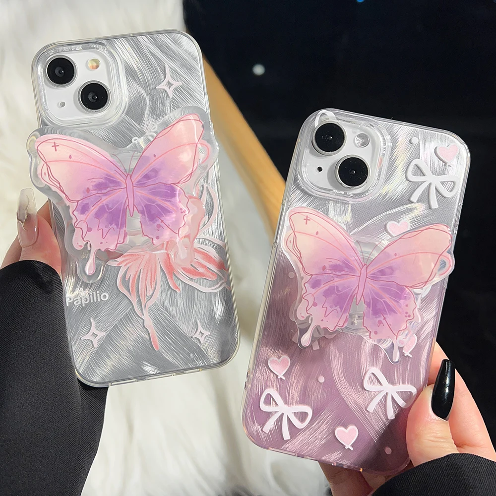 Чехол для телефона с 3D-бабочкой и кронштейном iPhone 16 15 14 12 13 11 Pro Max Plus чехлы лазерным