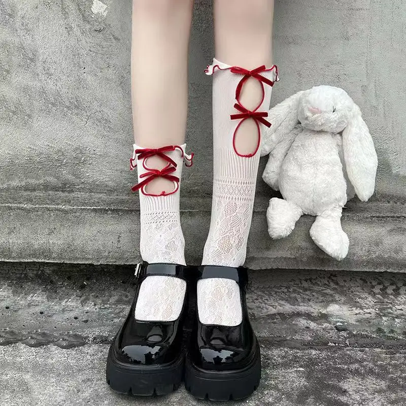 Hollowed-Out Mesh Socks For Women Jk Double Spring Summer Thin Lace Bow Mid-Calf Lolita