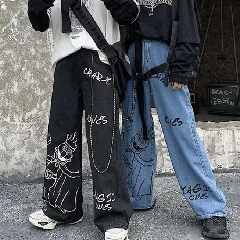 Graffiti Printed Street Jeans Women Gothic Mopping Loose Wide-Leg Pants Harajuku Street Casual All-Match Jeans Trousers Unisex