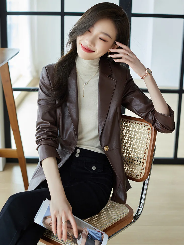 Red Suit Jacket Women's Spring  Autumn 2022 Short Leather Korean British Casual Suit  Office Lady  Single Button Elegant Suit