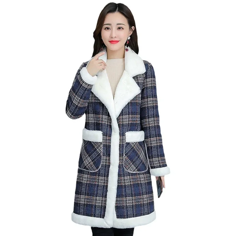 Клетчатая шерстяная куртка женская средней длины осень/зима 2023 новое корейское