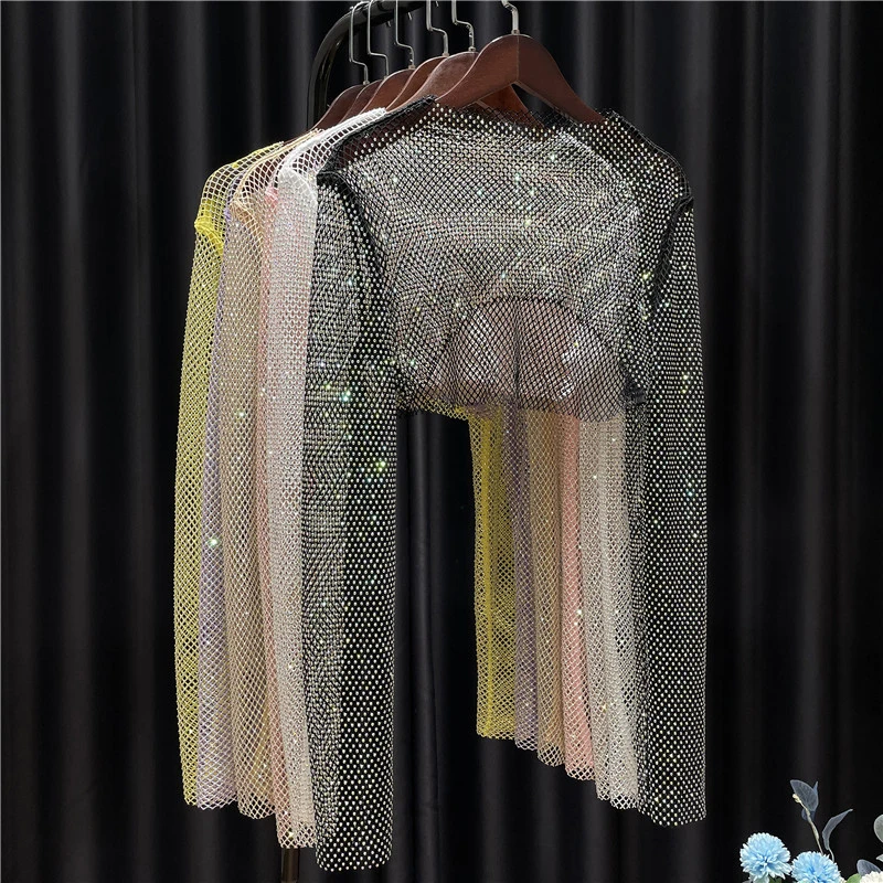 

Women High-Quality Rhinestone Shiny Short Colorful Net Drill Is Prevented Bask In Shawls Crystal Long-Sleeve Sexy Party Club Top