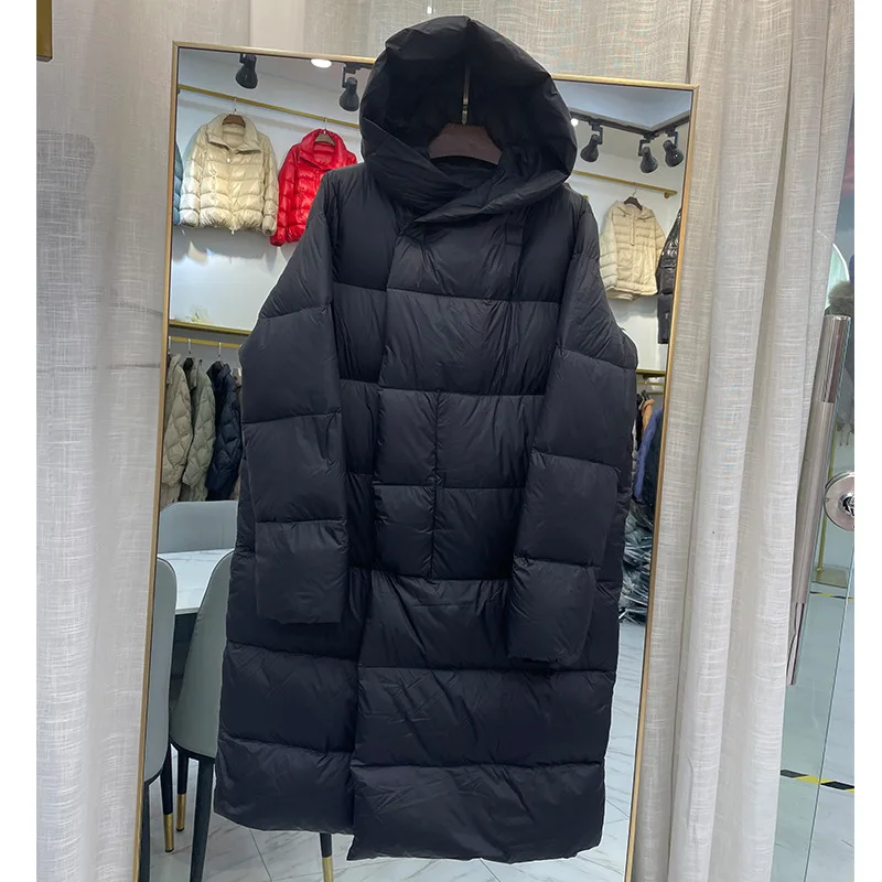 Long Over Knee Down Jacket Women Thick Loose Thin White Duck Down Hoodie Coat Winter Puffer Jacket