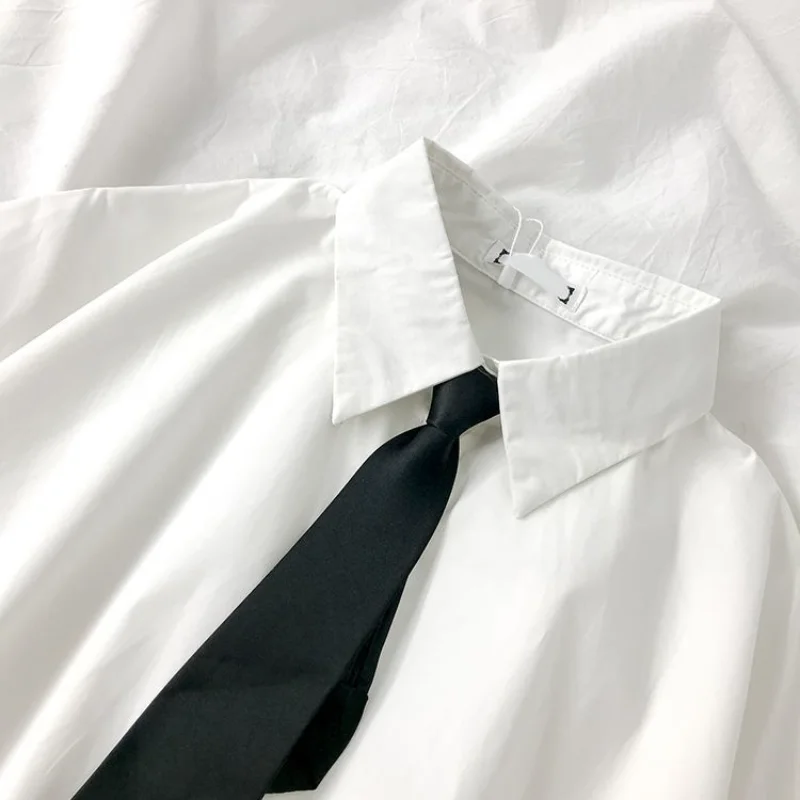 LQ-SONGYI White Shirts Women with Tie Japanese Style Preppy Students BF Oversized Blouse Simple Solid Loose Summer Top  L3204