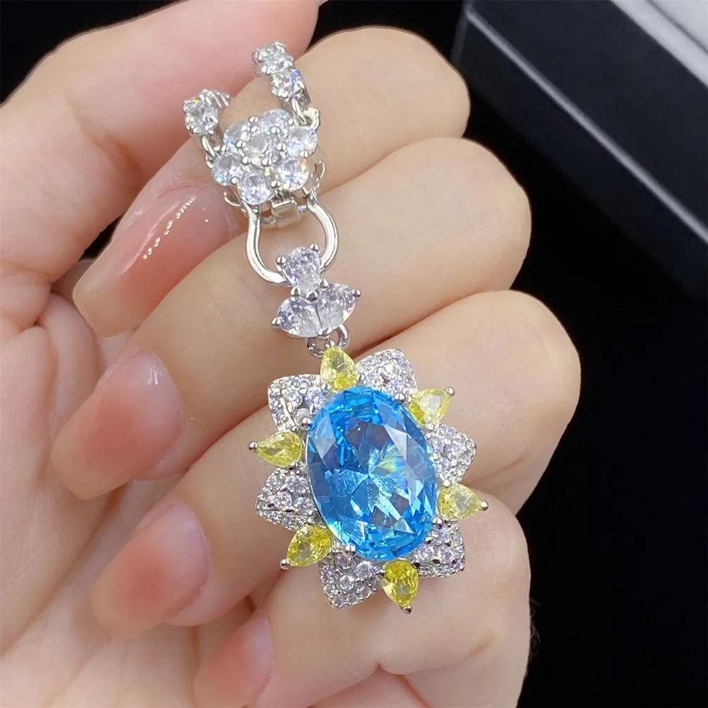 

Luxury Blue Yellow Gemstones Topaz Citrine Zircon Diamonds Flowers Pendant Necklaces for Women White Gold Filled Jewelry Gifts