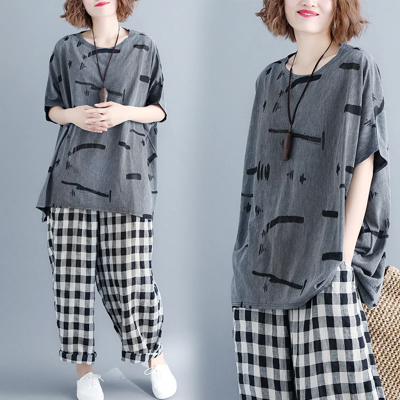 

Grey Printed Women's Summer Dress Korean Loose T-shirt Women's Bat Sleeve Top