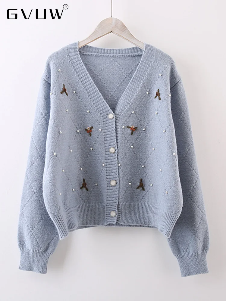 

Женский вязаный свитер с жемчугом GVUW, осенне-зимний трендовый однобортный Повседневный женский кардиган в Корейском стиле с V-образным выре...