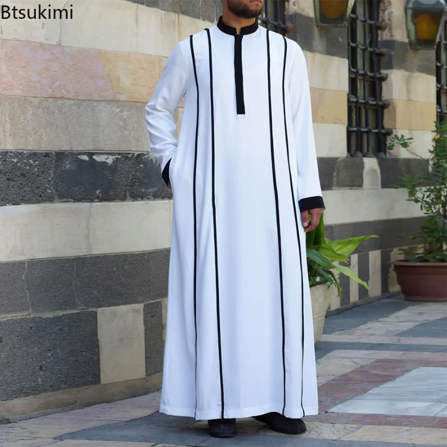 New 2023 Muslim Robes Men Traditional Eid Middle East Islamic Arab Caftan Jubba Thobe Long Sleeve Leisure Loose Clothing Male