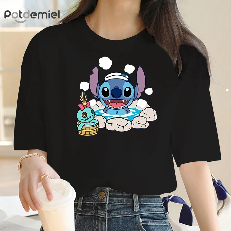 

Cartoon Lilo Stitch have a bath Harajuku Women T Shirt Graphic Ladies T-shirt Casual Streetwear Y2k Shirt Funny Men Hippie Tees