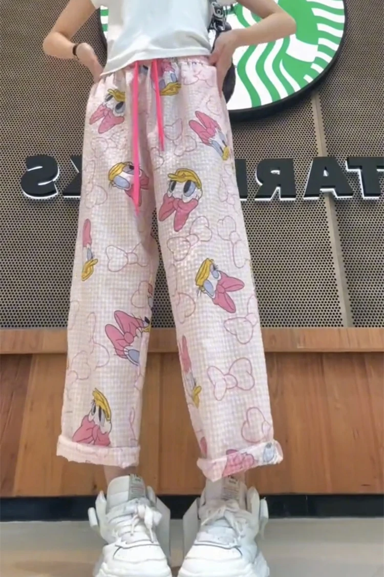 Korean Style Plaid Cute Cartoon Floral Print Casual Jumpsuit Women's Clothing Summer Thin Small Straight Cropped Pants Trousers