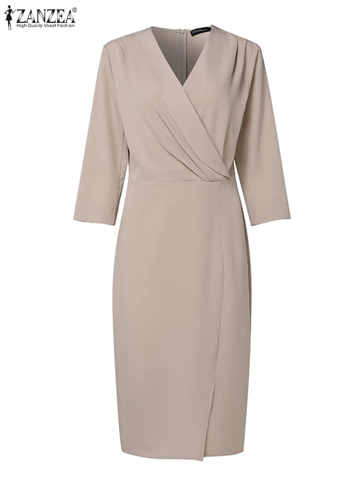 ZANZEA Осенние модные женские платья 2024 элегантный однотонный облегающий вечерний