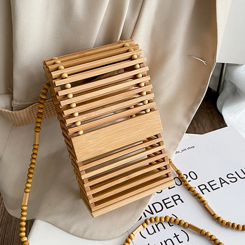 

Fashion 2022 Summer for Women Beach Bags Handmade Bracelet Bamboo Weaving Hollow Literary Flip Phone Female Bag Purses