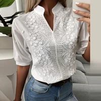 white chic hollow out lace blouse hook flower embroidery decoration v neck casual solid shirt half puff sleeved cotton top women