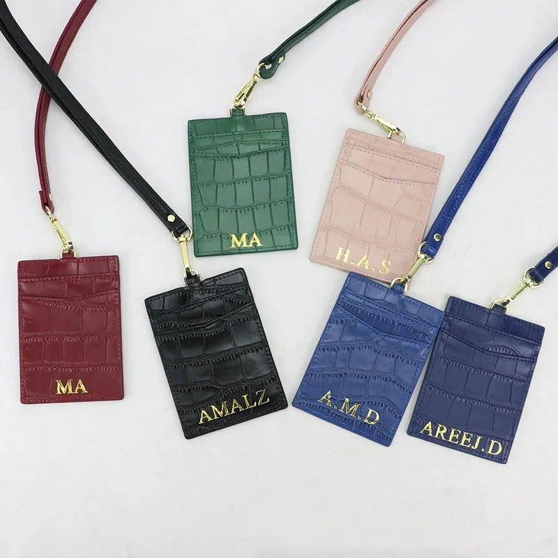 Free Personalisation Name PU Leather Lanyard ID Credit Card Holder Work Badge Plates for Women Men Students Card Cover Hot Sale