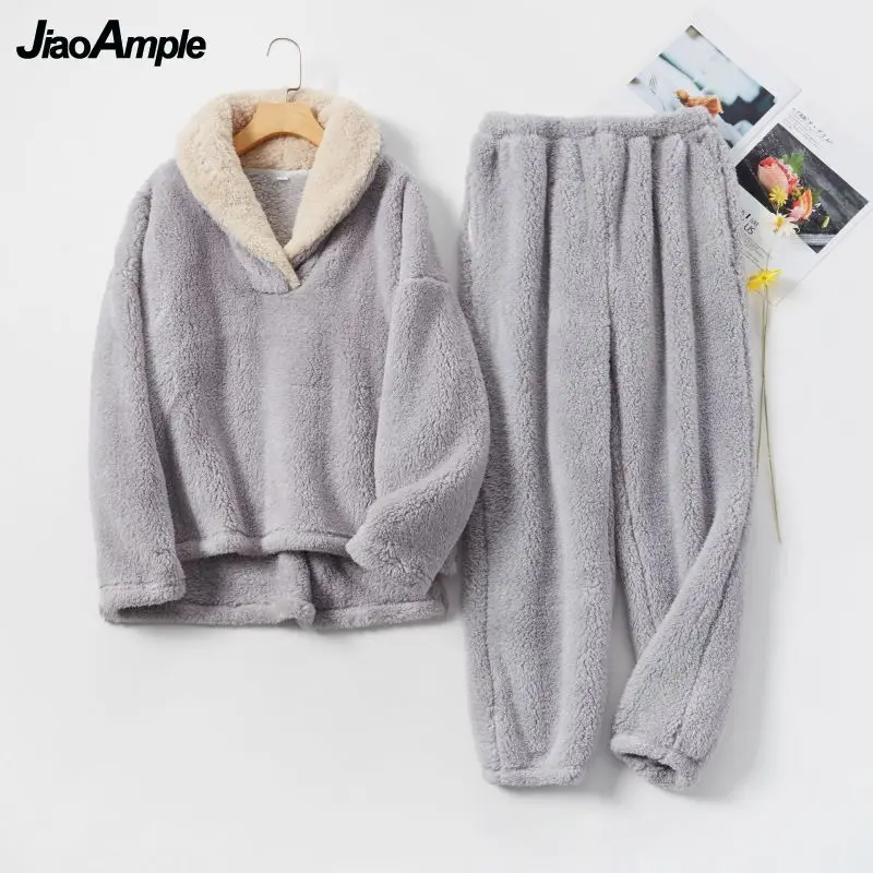 Winter Warm Pajamas Women's Solid Coral Fleece Pijamas Trousers Two-piece Korean Fashion Sleepwear Nightwear Home Clothes Suit