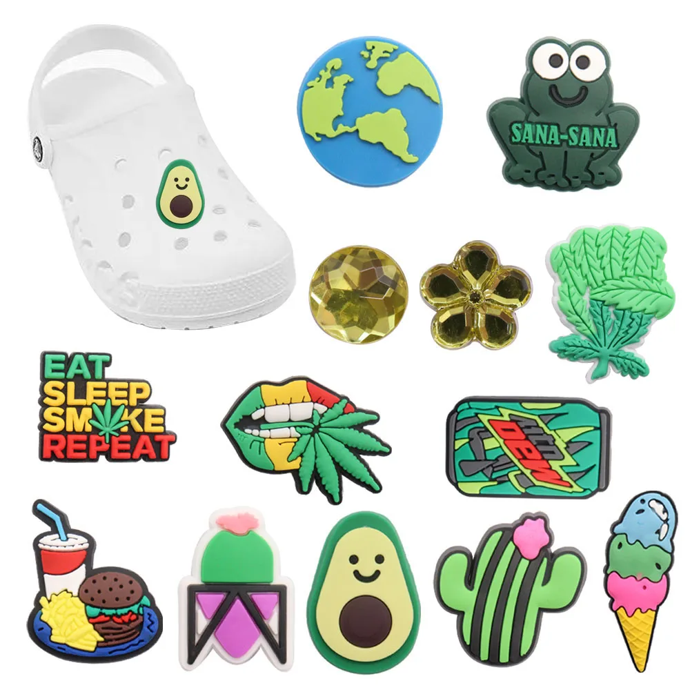 

1-13Pcs PVC Shoe Charms Green Earth Leaves Cactus Frog Drinks Buckle Clog Decorations Fit Wristbands Croc Jibz Kids Party Gift
