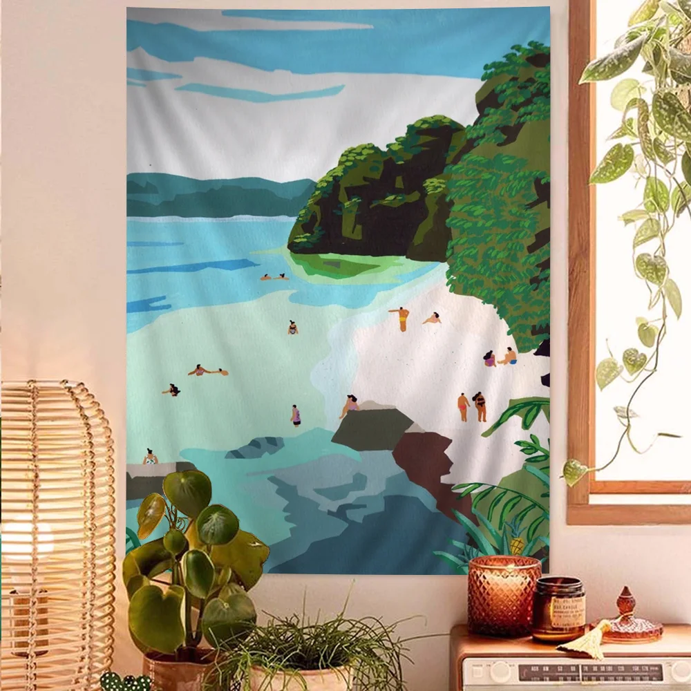 

Розовый скандинавский гобелен "Прибрежный летний бассейн"