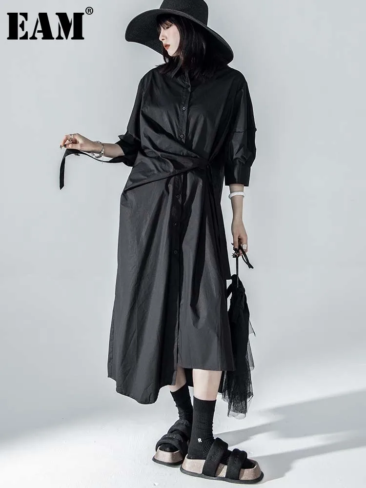 

[EAM] женское черное асимметричное Бандажное платье большого размера, новое модное платье-рубашка с отворотом и рукавом три четверти, весна-о...