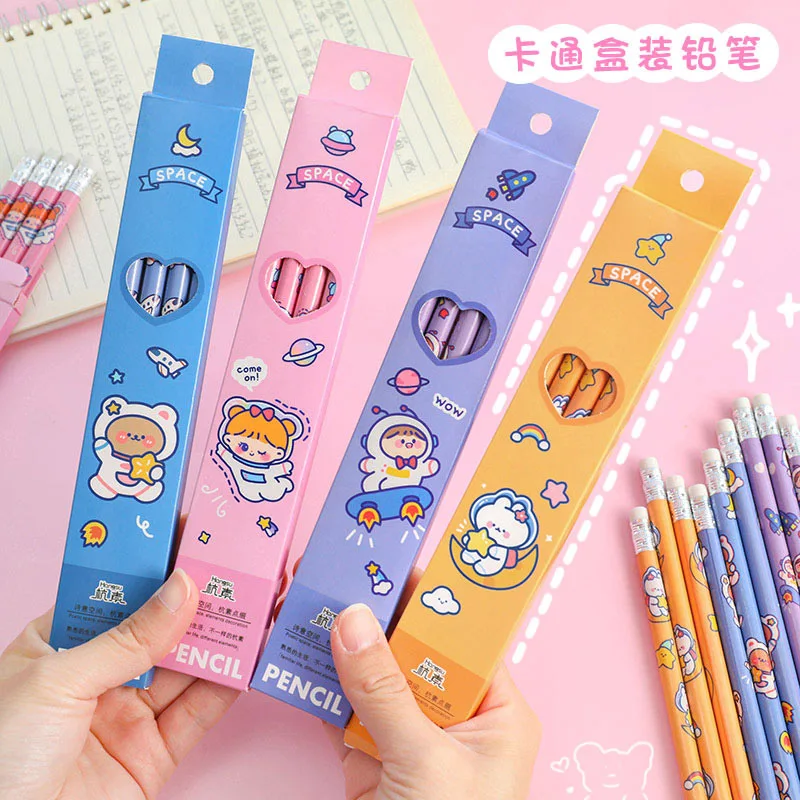 

Cartoon Boxed Pencil Student Writing Stationery Sketch Pen Children's Painting Pencil with Eraser 4 Pack