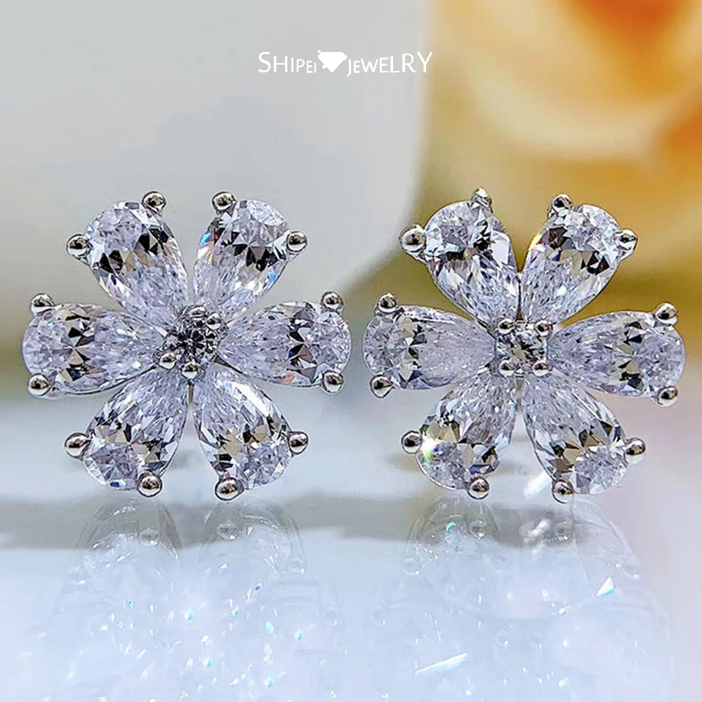 

Shipei 100% 925 Sterling Silver Flower High Carbon Diamond Gemstone 18K Gold Plated Ear Stud Earrings Fine Jewelry Drop Shipping