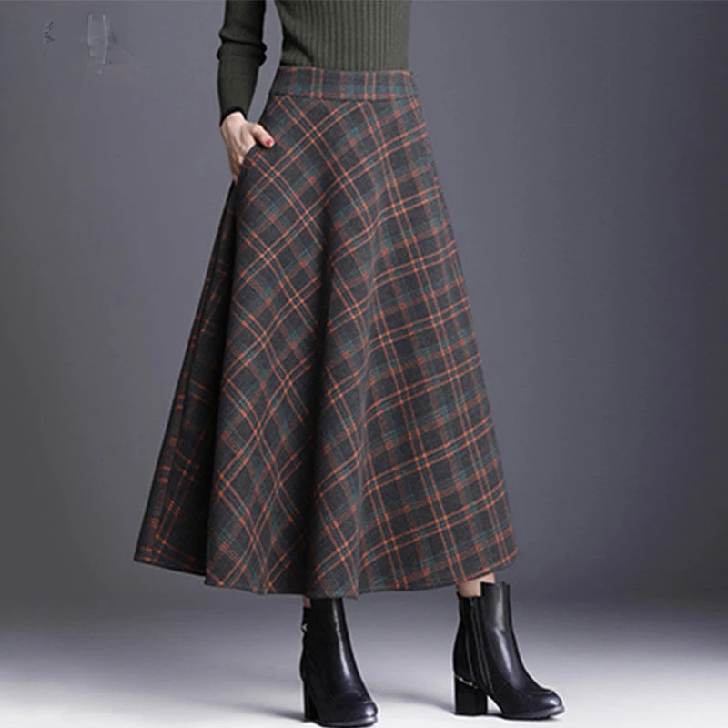 

Elegant High Waist Woolen Long Skirts Fashion Women's Maxi Skirts Female Vintage A-Line Office Ladies Work Casual Skirt T252