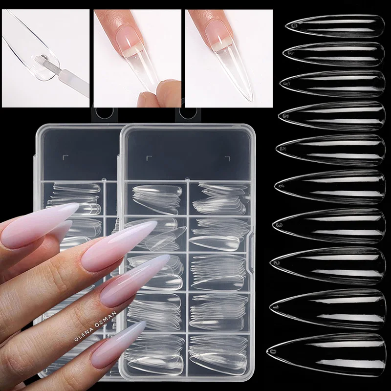 

100pcs/Box Press on False Nail Tips Natural Long Coffin FullCover False Nail For Gel Nails Tools Ballet Quick Building Mold