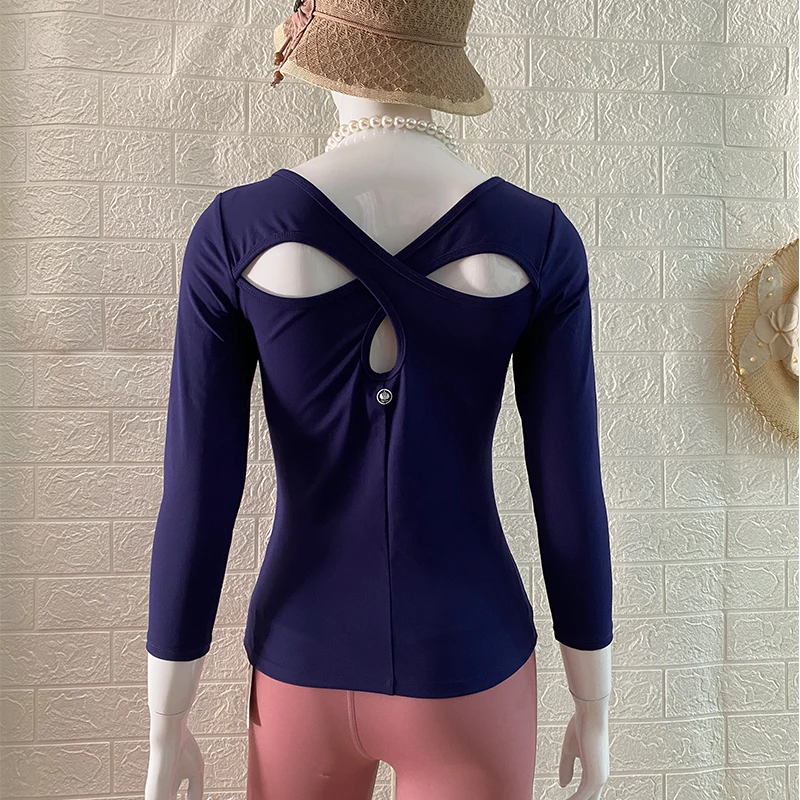 

QUMOR Winter women's yoga wear Fitness running sports dance tight quick drying top cross medium long sleeve sports T-shirt